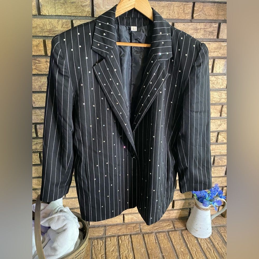 Striped and‎ bedazzled suit jacket